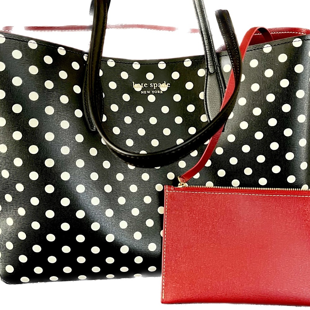 COPY - kate spade leather black with white polka dots and red lining.
